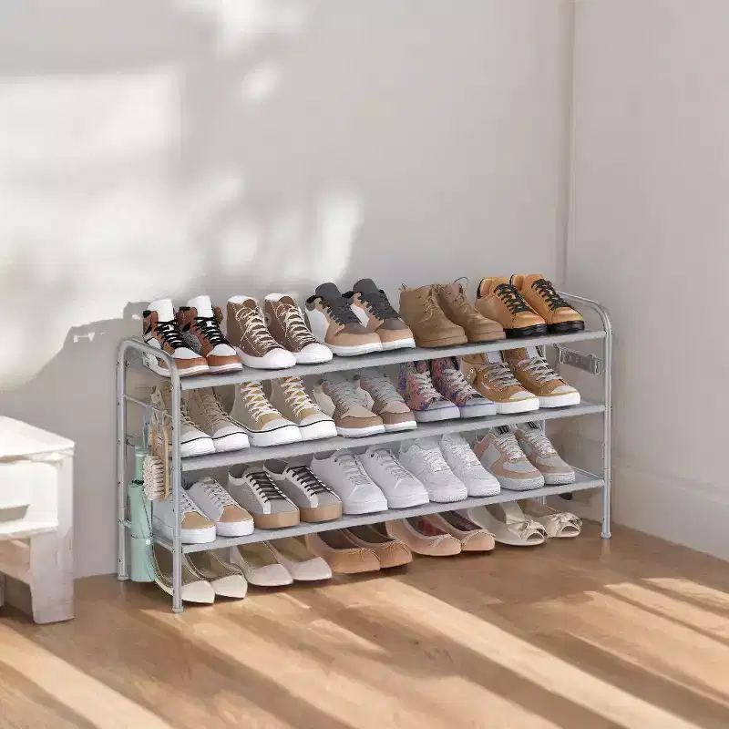3-Tier Fabric Shoe Rack with 4 Hooks, Height-Adjustable, Holds up to 18 Pairs of Shoes, Entryway Organizer