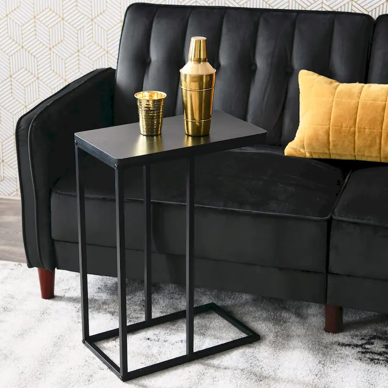 C-Shape Side Table, Faux Stone Top, Black Frame, Space-Saving Design