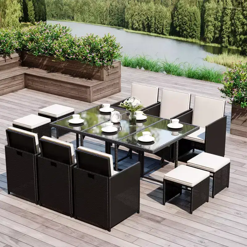 Outsunny 11 PCS Patio Dining Set Outdoor Rattan Wicker Furniture Set with Space Saving Chairs, Glass Top Table and Cushion