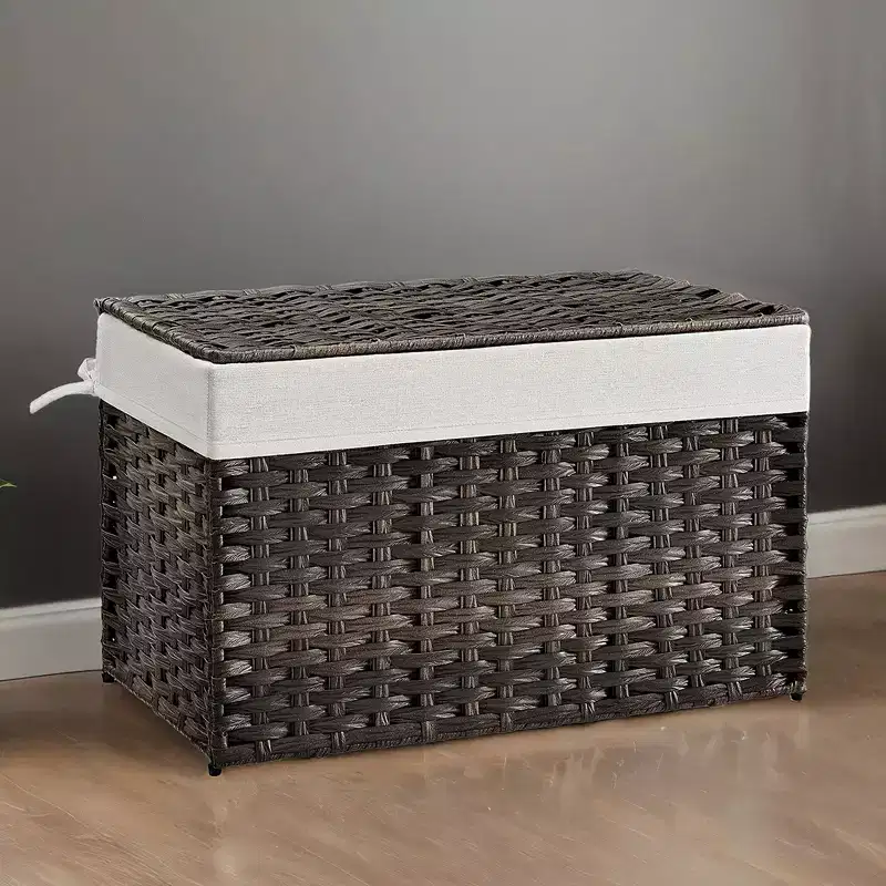 Storage Basket with Lid, 27.7 Gallon (105L) Woven Storage Bin. Features handles, a removable liner, and a metal frame.