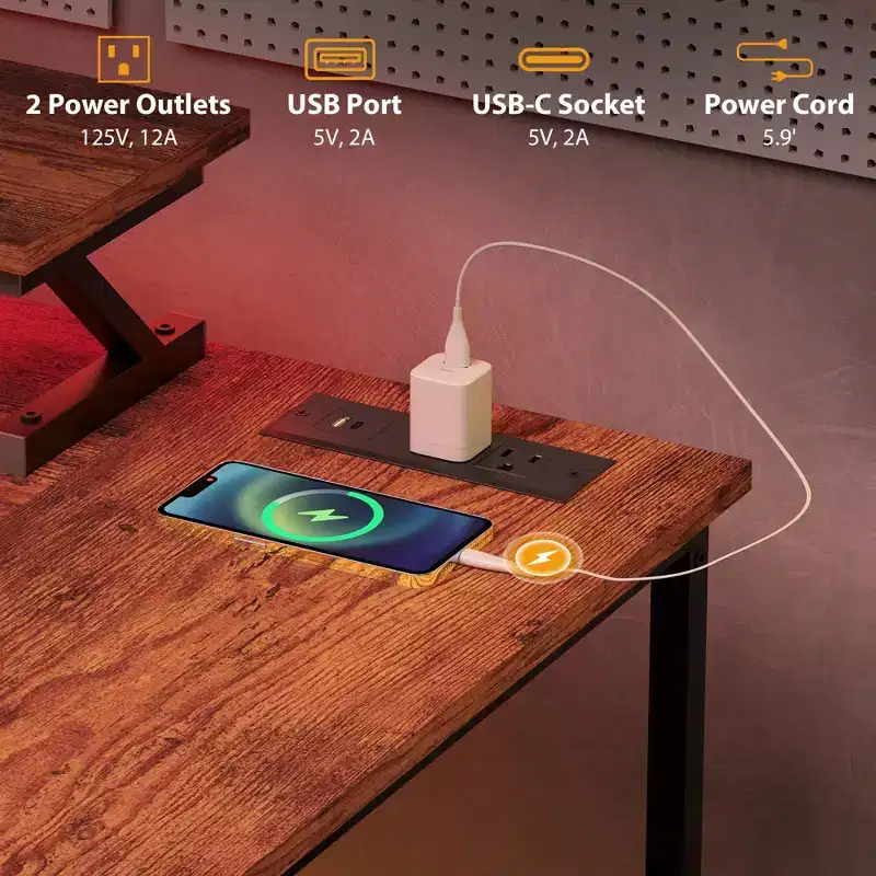 L Shaped Computer Desk with Charging Station and RGB Lights Reversible Home Office Desk