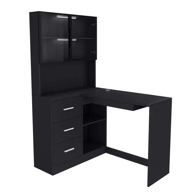 Homy Casa L-Shaped Desk with Glass Door Hutch and Storage Drawers for Small Space, Home Office, Holiday Gift, Black