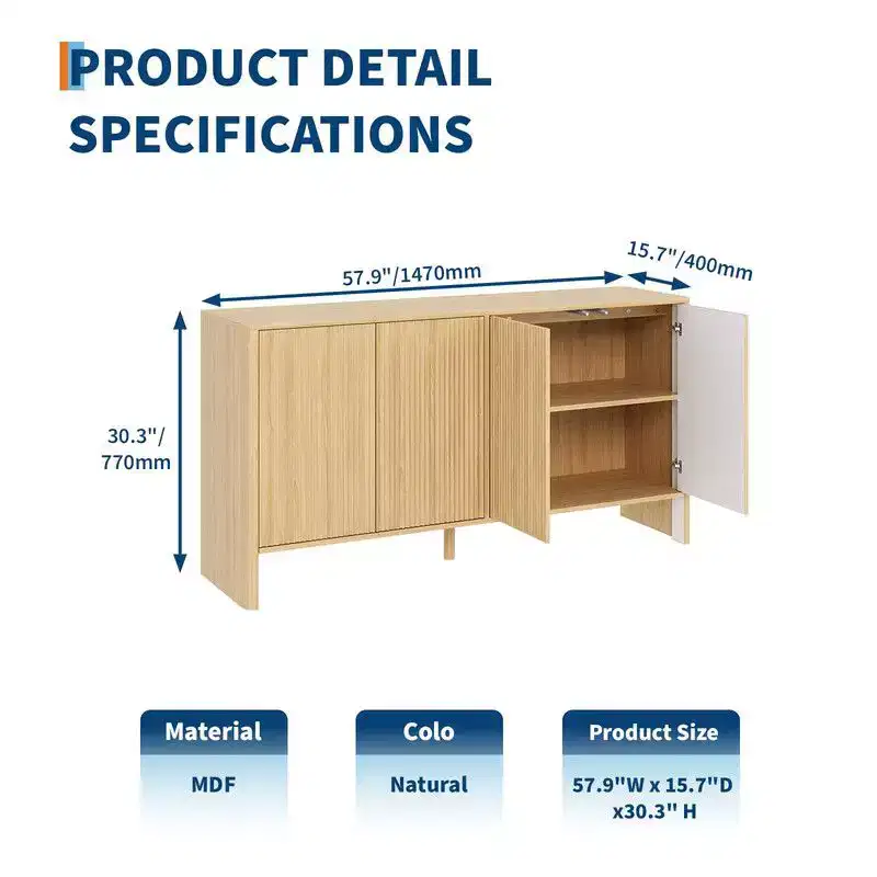 58-Inch Wood Sideboard Cabinet with 4 Fluted Doors and Adjustable Shelves
