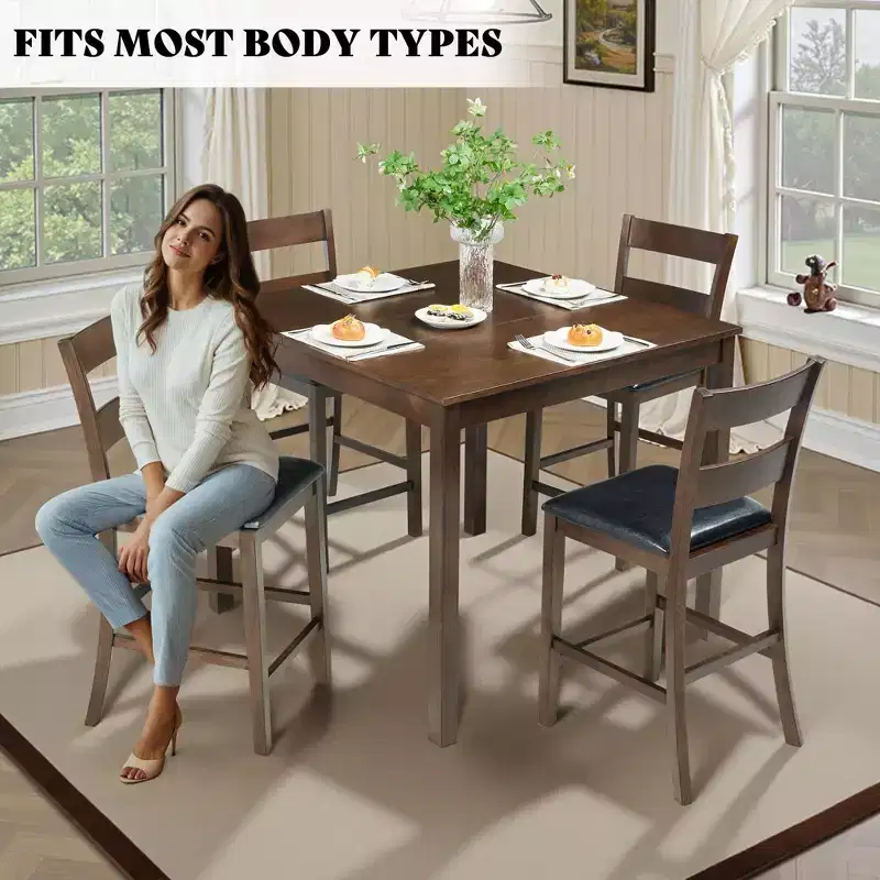 AMERLIFE Solid Wood 5-Piece Dining Table Set, Chairs with Curved Backrests & PU Cushioned, Black/Walnut