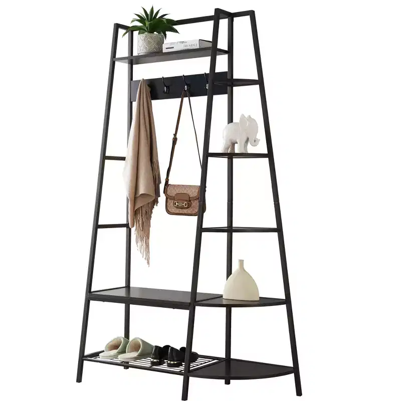 Hall Tree with Storage Bench, Shoe Shelf, 4 Hooks and Coat Rack Stand, Metal Frame, Pewter
