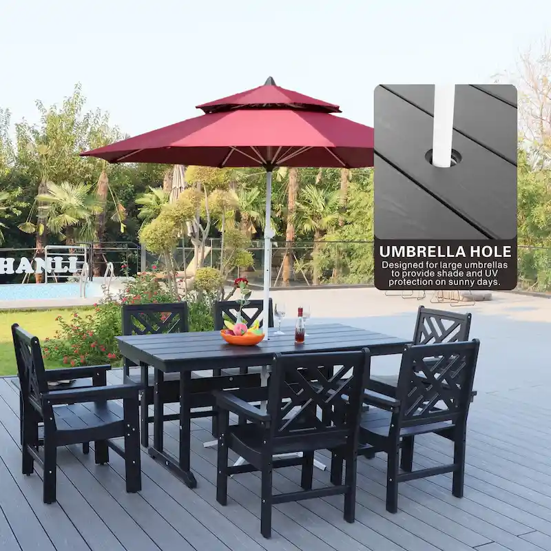 7 Piece HDPE Dining Table and 6 Chair with Umbrella Hole Casual Dining Set Outdoor Patio Poolside Picnic Beer Table