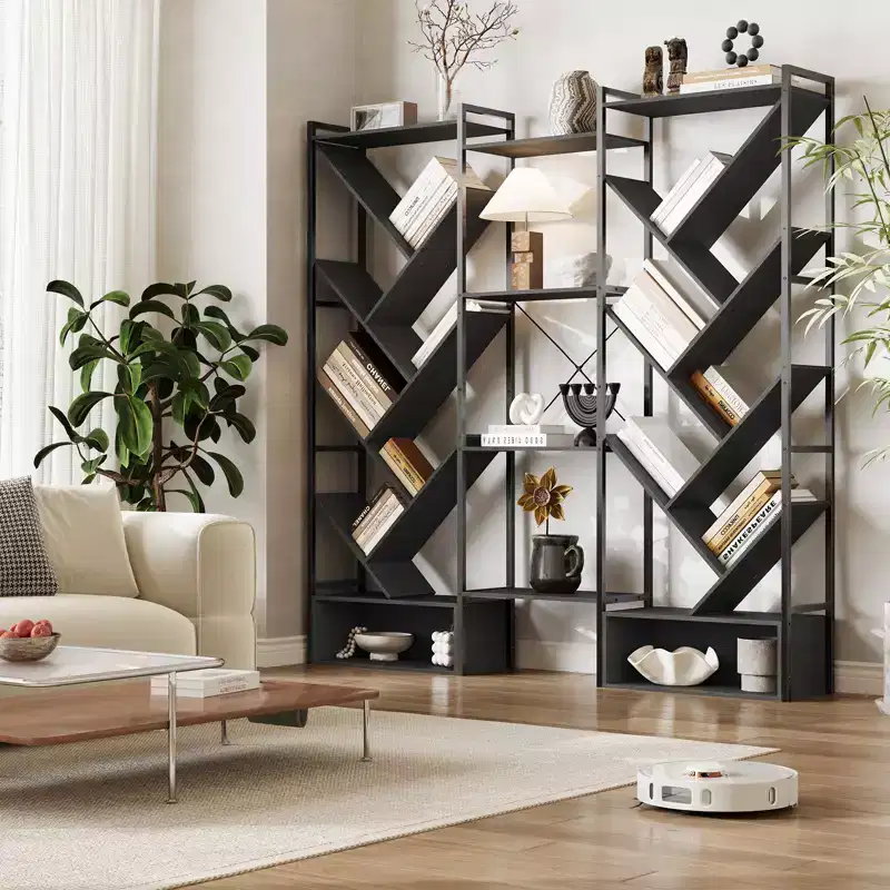 Modern Triple 6-Tier Standing Bookshelf  24 Open Display Shelves, Large Industrial Wooden Bookcase  Storage Rack for Living Room, Home, Office