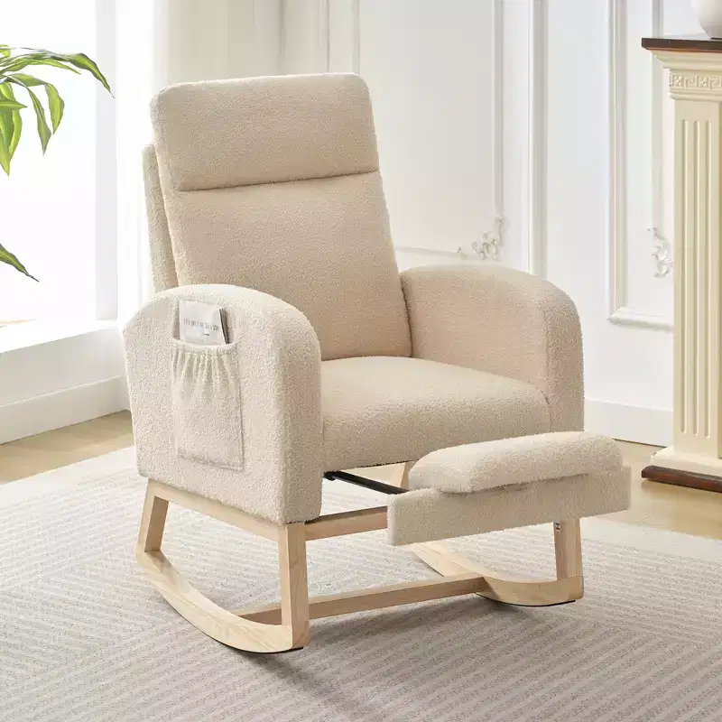 Teddy Upholstered Nursery Rocking Chair, 300lbs Wood Glider w/ High Backrest & 2 Side Pockets, Comfy Accent Rocker for Bedroom & Living Room
