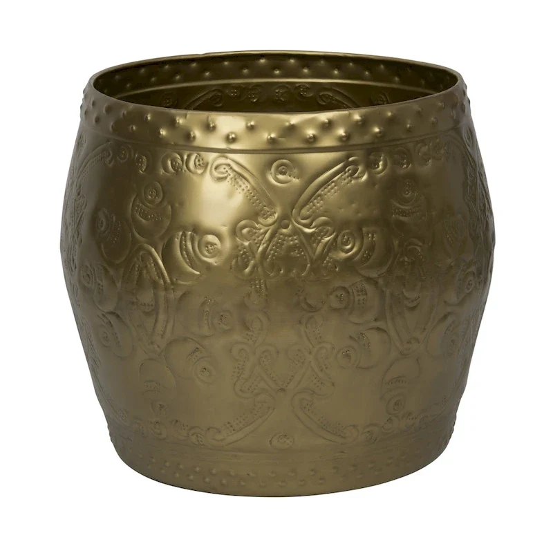Debossed Metal Drum Side Table – Brass, Round, Modern Style, Single