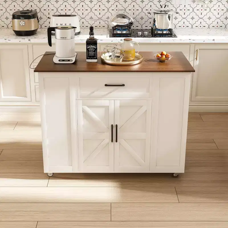 FAMYYT White Solid Wood 46 in. Kitchen Island with Power Outlets/USB Ports, Trash Bin Cabinet, Door Racks and Drawers