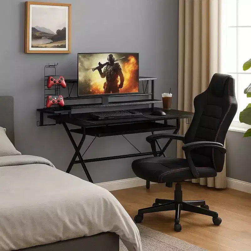 Royal Hampton Tubular Metal Frame Computer Desk with 2 Shelves and Cup Holder, Black