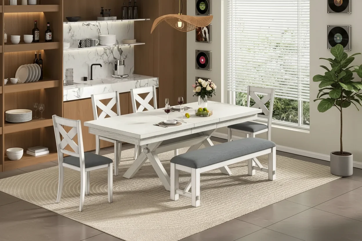 Grey 6-Piece Extendable Rectangular Dining Set for 6-8 People