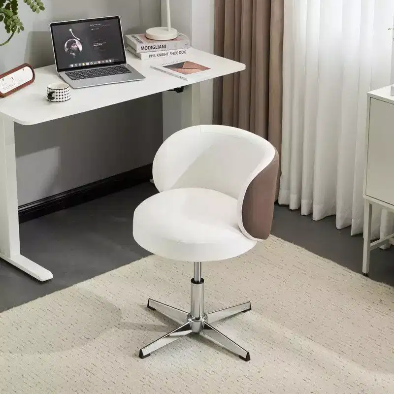 Karl Home Modern PU Swivel Chair Armless No Wheel Adjustable Height Office Desk Chair With Baskest Support in white and brown