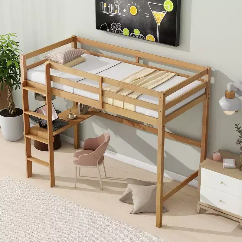Twin Size Wood Loft Bed with Built-in Desk & Ladder, Spacious Study Space, Safety Guardrails (Upgraded) - White Oak