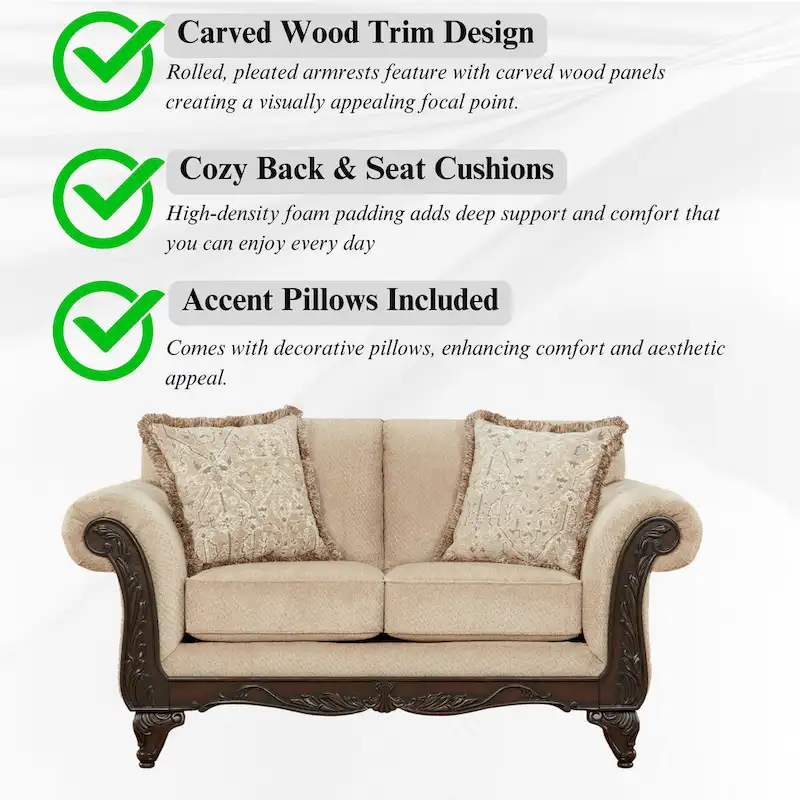 Roundhill Furniture Hernen 2-Piece Carved Wood Frame Living Room Set