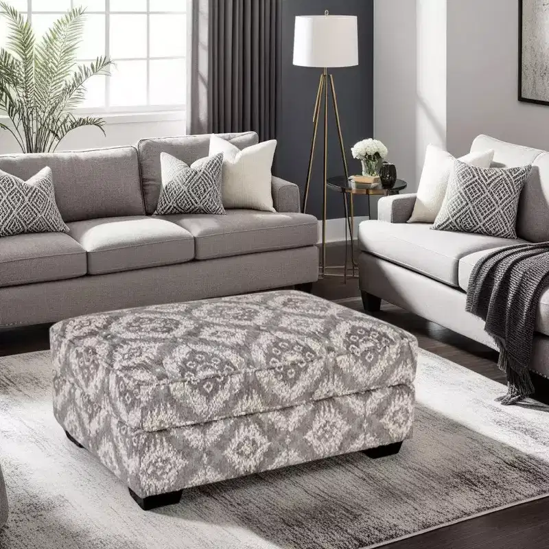 Royal Hampton Ottoman, Geometric Gray White Polyester, Solid Wood, 40 Inch