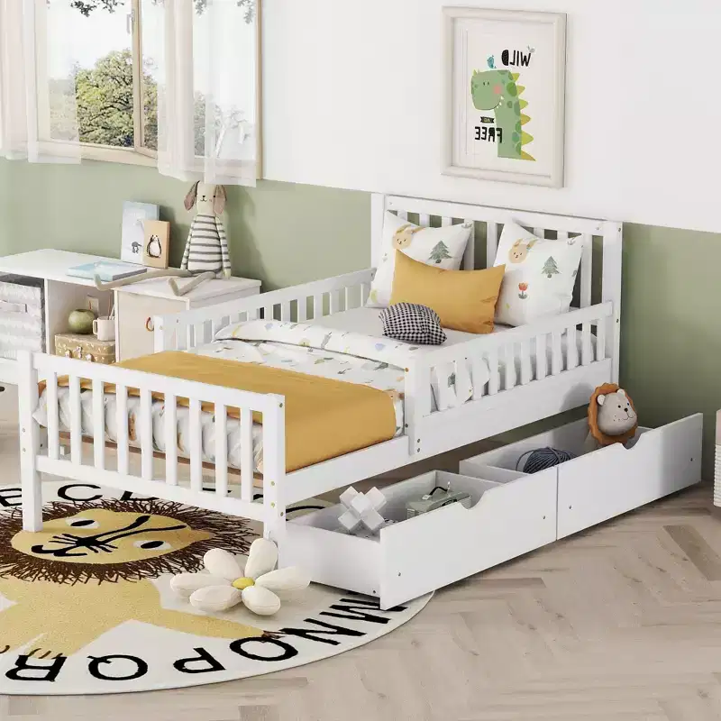 Twin Wood Platform Bed with Guardrails and 2 Storage Drawers, White