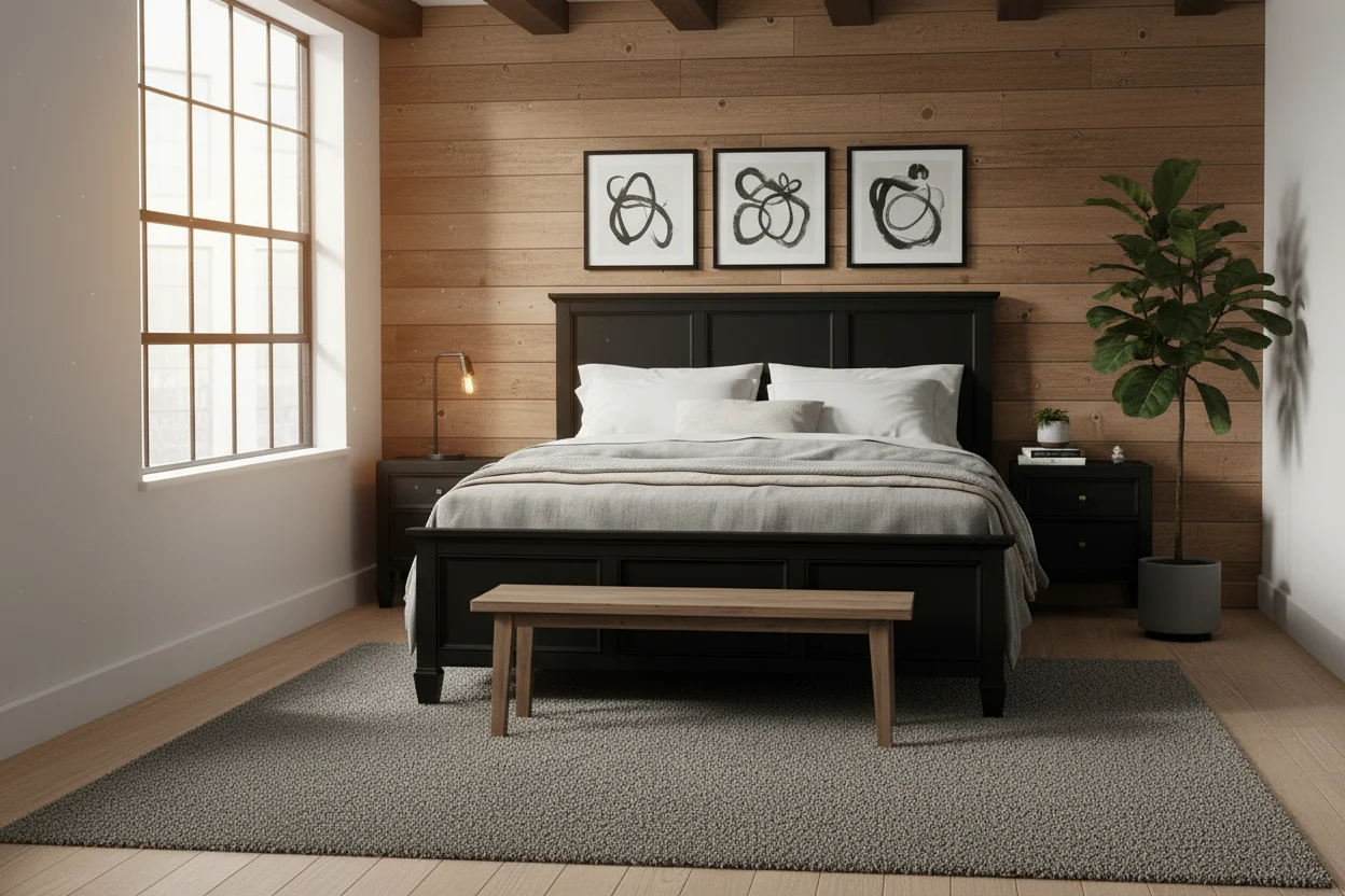 Queen Bed Frame in Black Finish, Hardwood and Engineered Wood, Box Spring Required