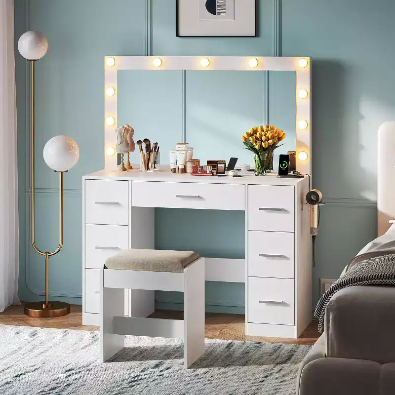 Vanity Desk with LED Mirror, Power Outlets & 7 Drawers - Includes Stool for Bedroom Dressing Room, White