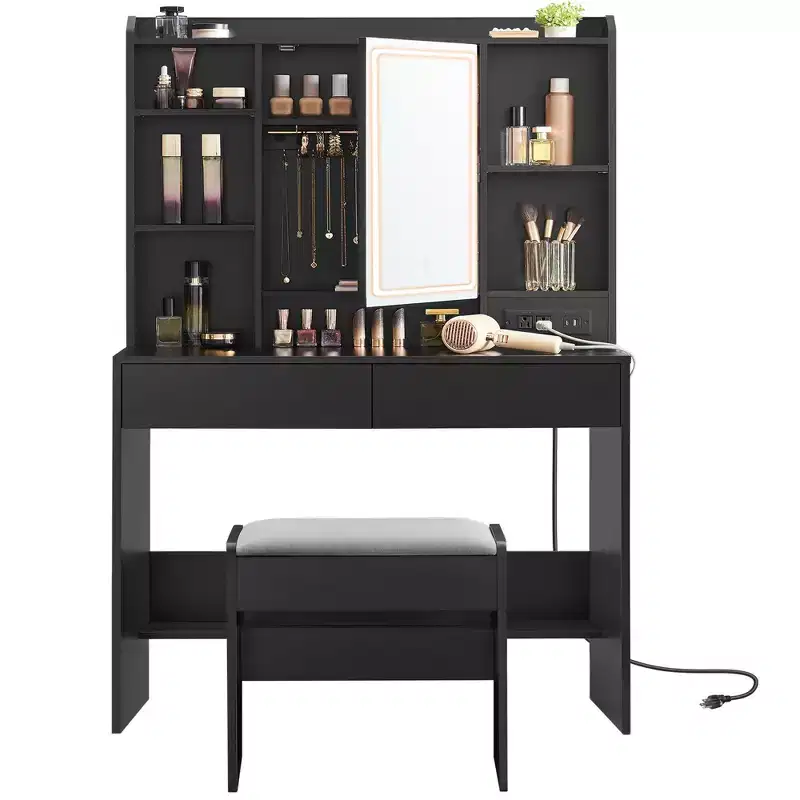 VASAGLE Vanity Desk, Makeup Vanity with Mirror and Lights, Upholstered Vanity Stool, 6 Compartments, 2 Drawers
