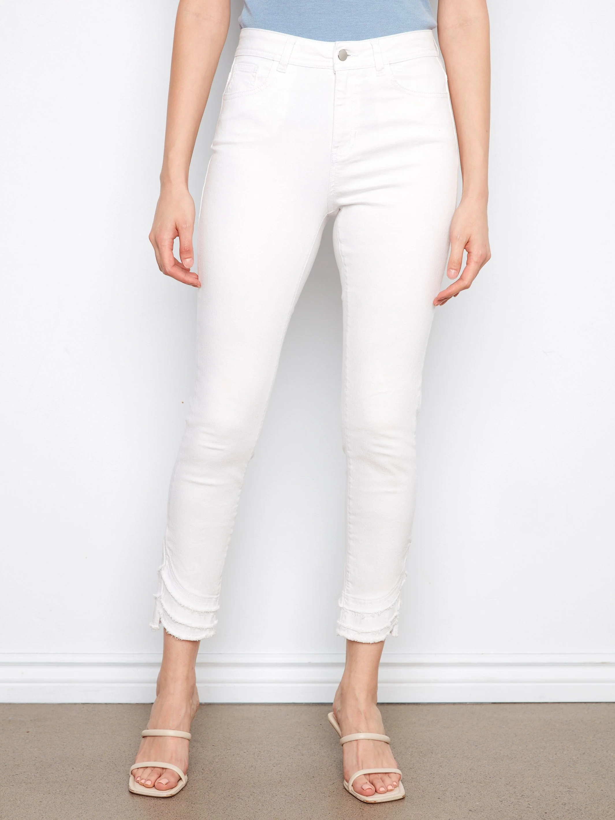 Frayed Hem Twill Pants - White