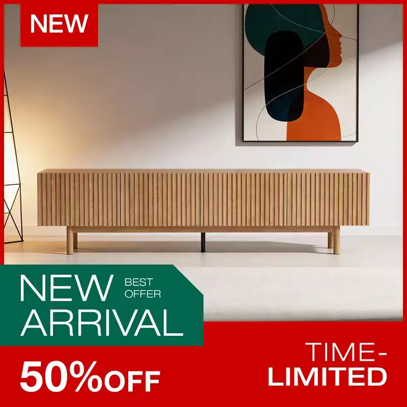 Fluted Media Console TV Stand with Layered Storage, Removable Shelves & Solid Wood Legs