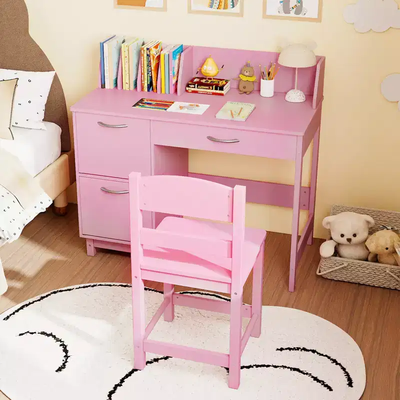 Costway Kids Study Desk & Chair Set w/Chair 2 Storage Cabinets Drawer 4 Book Sorters