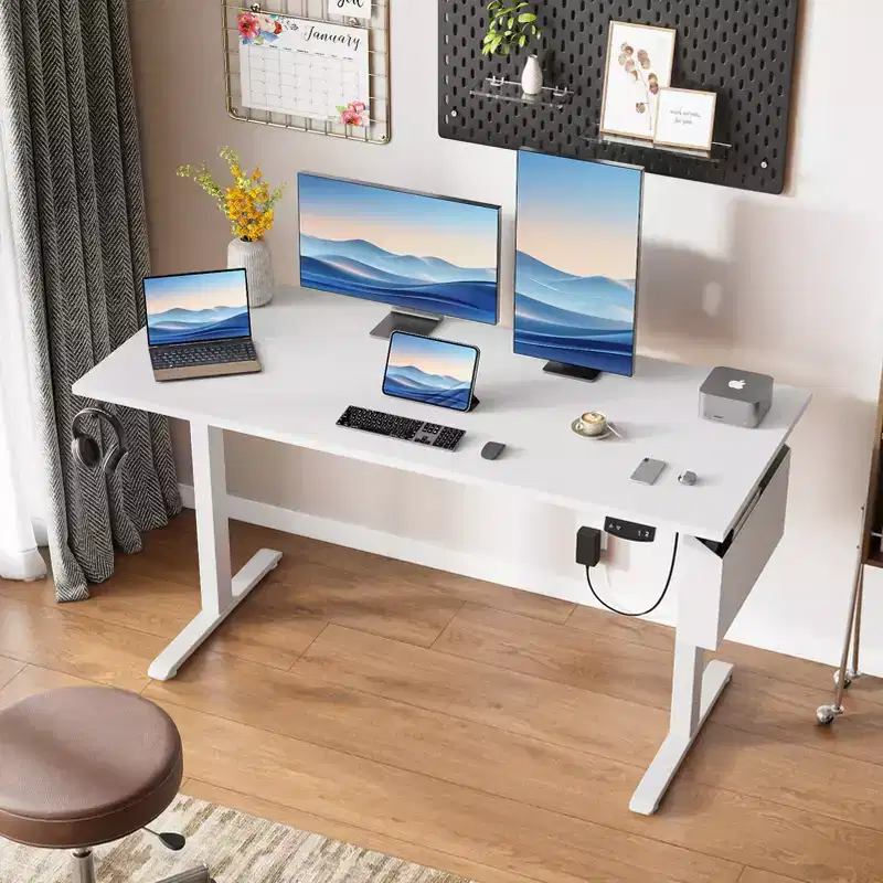 Electric Height Adjustable Standing Desk Sit to Stand Computer Desk with Storage Bag Memory Presets Ergonomic Home Office Workstation 55 Inch White