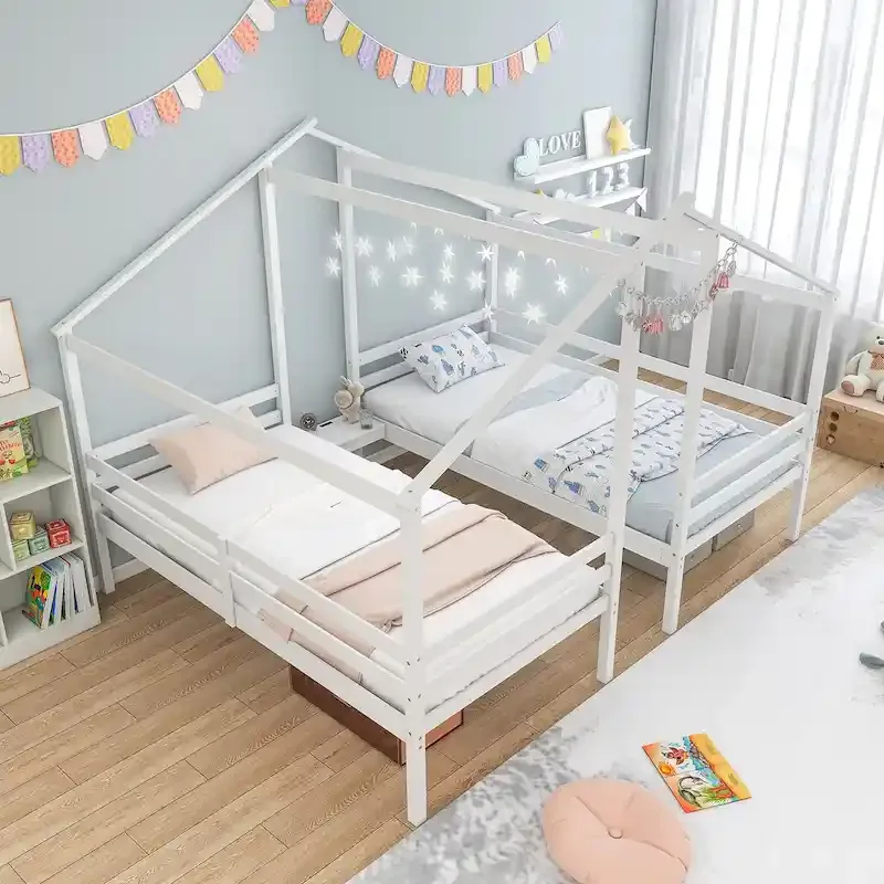 Double Twin Size Kids Bed Frame with Built-in Table and USB Charging Port, Wood