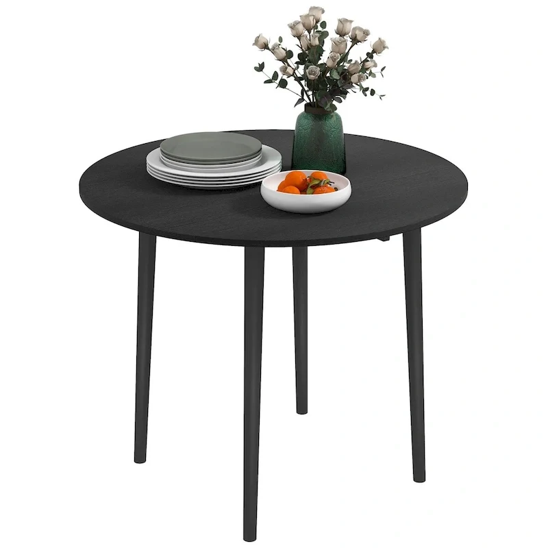 35in Round Folding Dining Table, Collapsible Drop Leaf, Solid Wood Legs, Space-Saving Small Kitchen