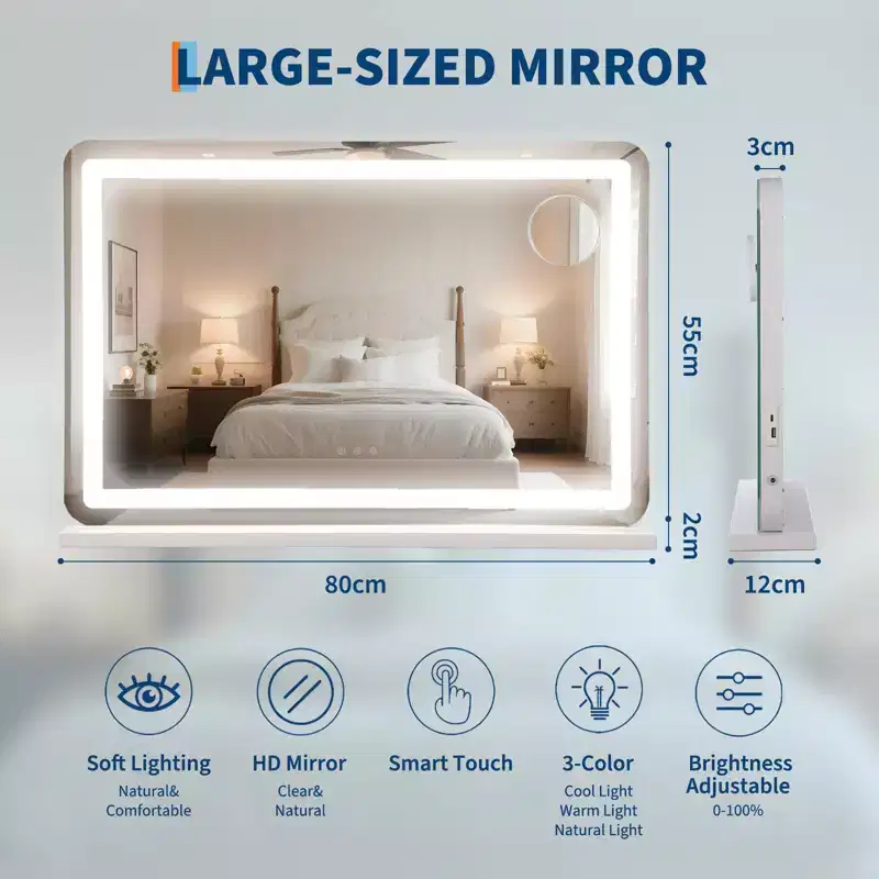 LED Makeup Mirror with Lights, 10X Magnification, Dimmable 3 Color Modes, Touch Control