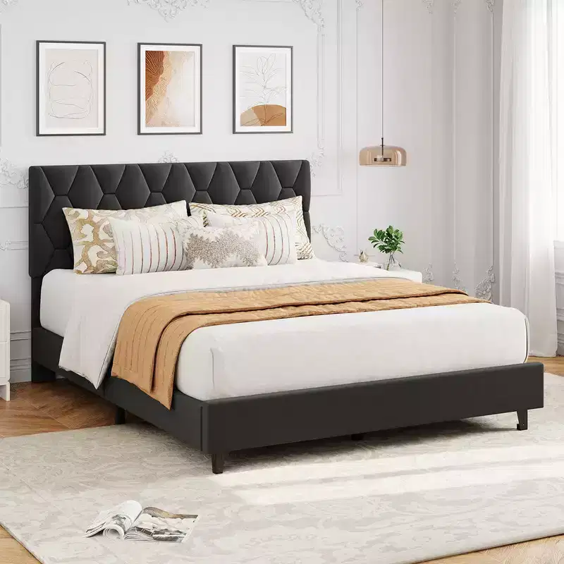 Coolmee Adjustable Upholstered Headboard Platform Bed, Modern Bed Frame with Wooden Slats & Triangular Feet, Easy to Assemble
