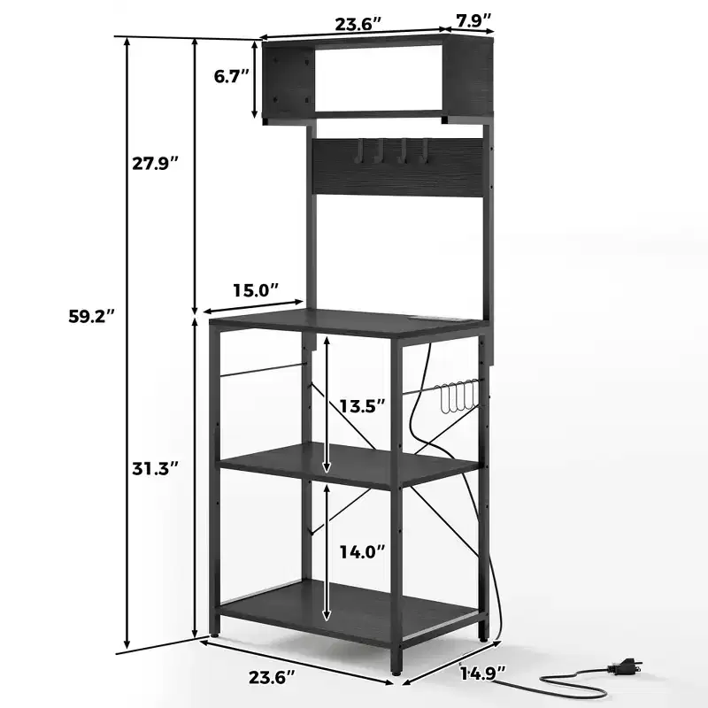 Bakers Rack With Power Outlet,Small Coffee Bar Cart,Microwave Stand With 10 Hooks,4 Tiers Kitchen Storage Shelf Rack