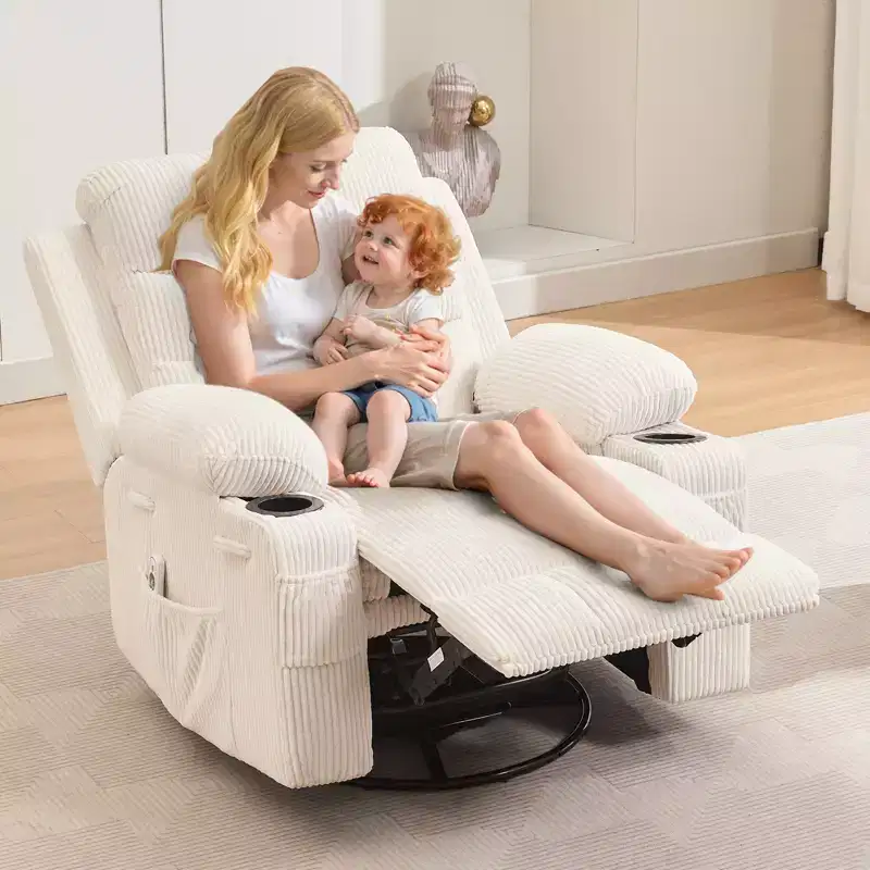 COZONY Oversized Nursery Recliner Chair, 360 Swivel Glider Rocker with Heat & Massage, Cup Holders & Storage, for Bedroom, RV, Living Room
