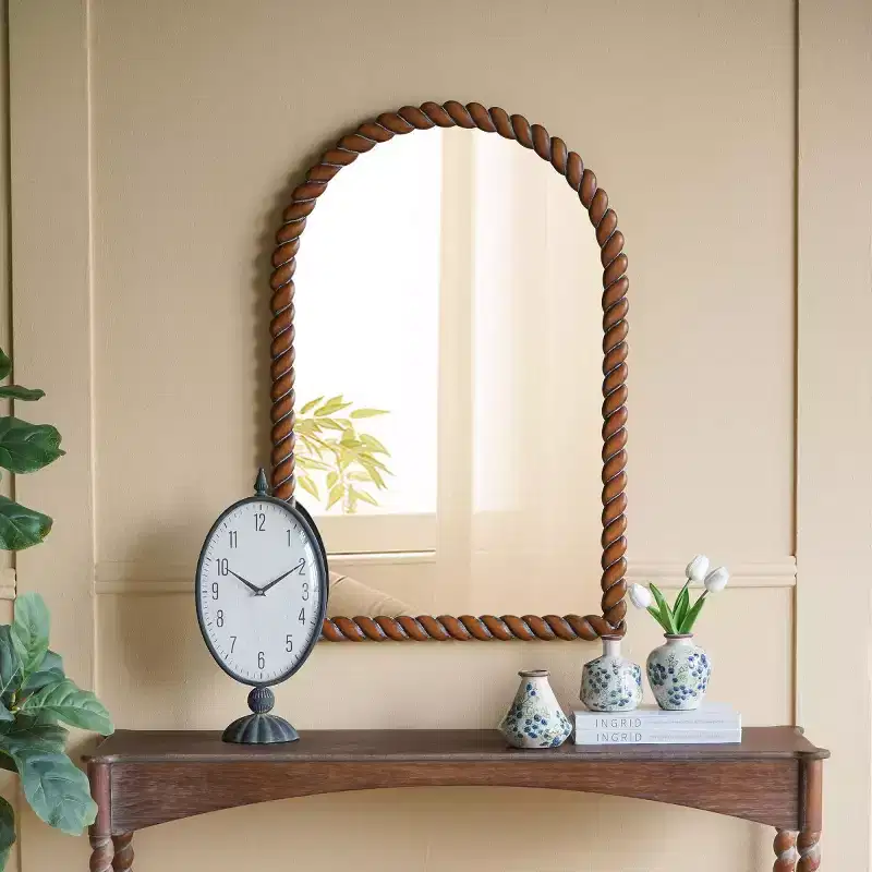 Modern Wood Wall Mirror, Brown Vanity Mirror for Bathroom, Decorative Accent Mirror for Living Room, Entryway, or Bedroom