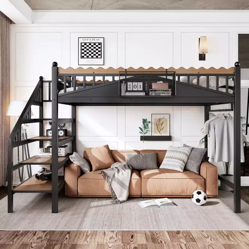 ModernLuxe Twin XL/Full/Queen Size Metal Loft Bed with Storage Stairs & Shelves, Heavy-Duty Loft Bed Frame, Black