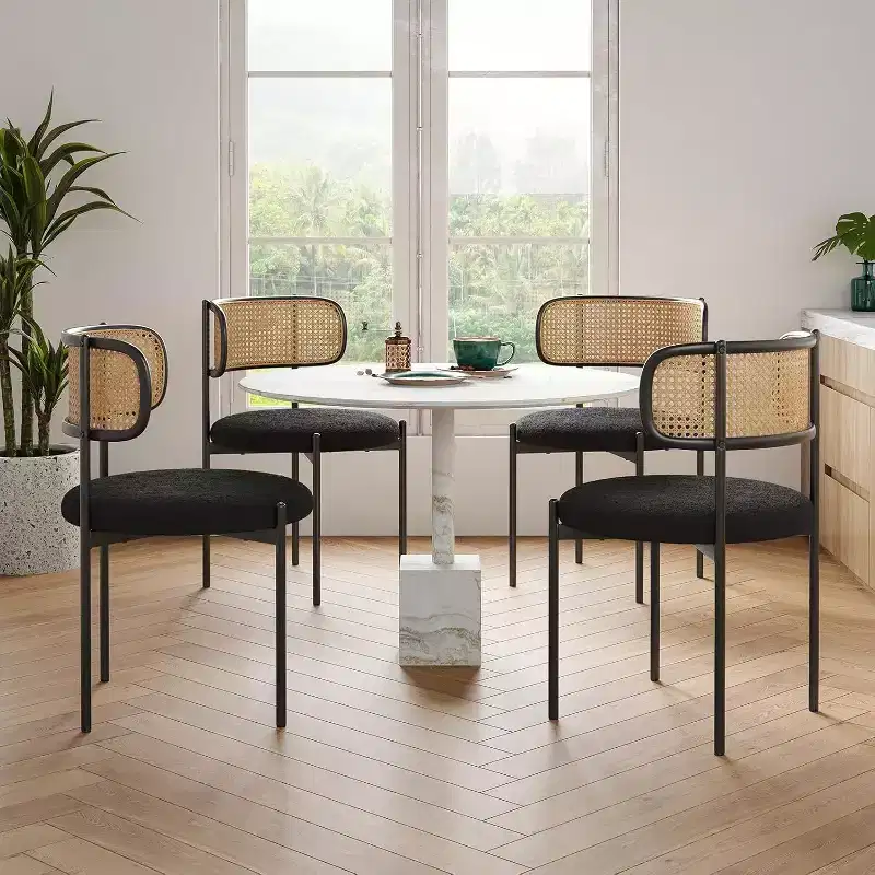 Modern Upholstered Dining Chairs Set of 4 Rattan Back Dining Room Chairs Accent Kitchen Chairs with Metal Legs Pink