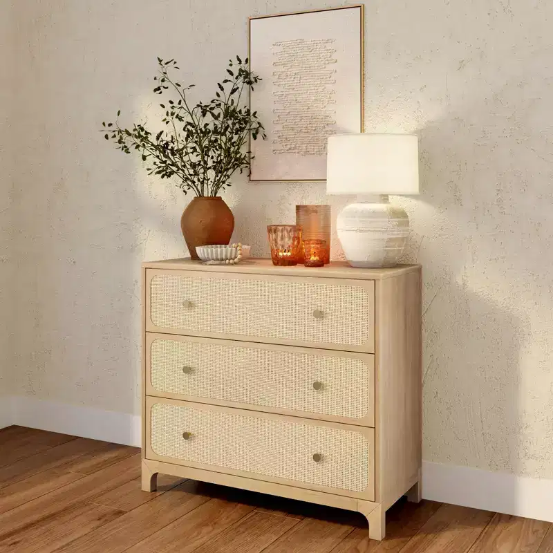 3-Drawer Dresser with Rattan Fronts & Brass Knobs – Solid Pine Frame, 37