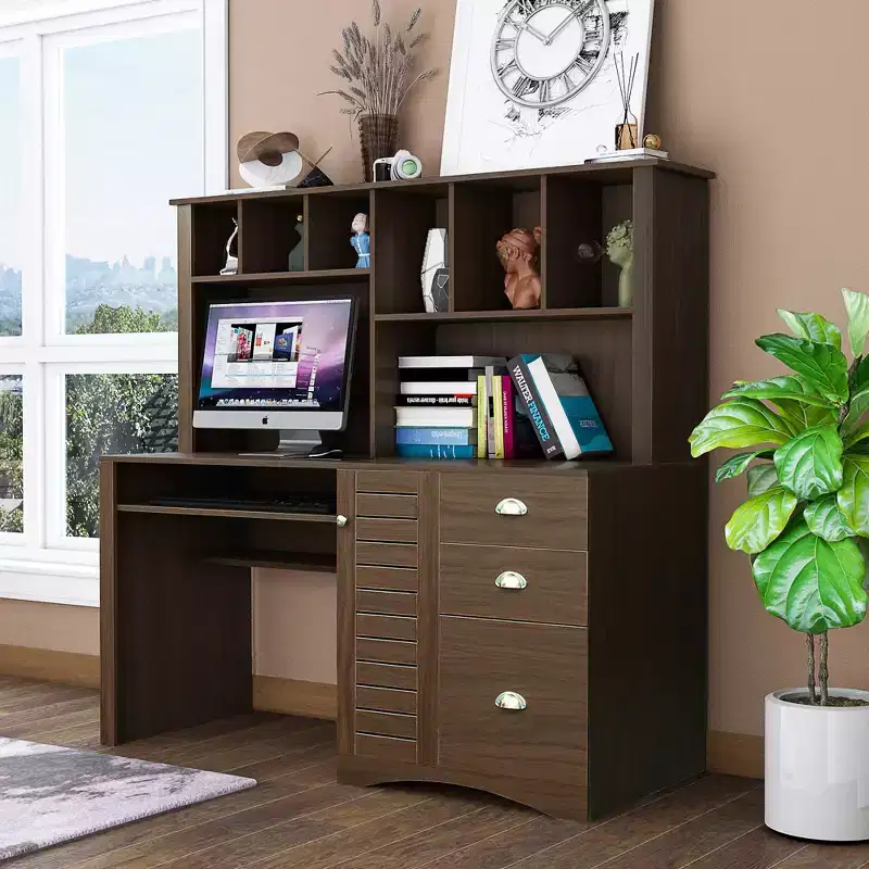 Home Office Desk Computer Desk with Hutch, Writing Desk Workstation with Drawers 4W - ModernLuxe