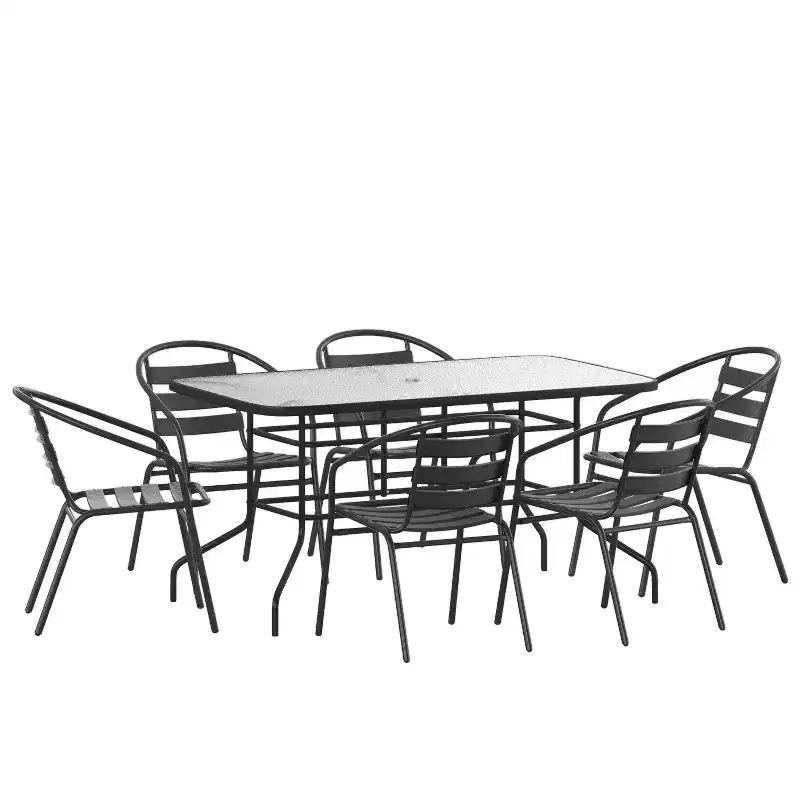 Emma and Oliver 7 Piece Patio Table & Chairs Set with 31.5x55 Rectangular Metal Table with Tempered Glass Top and 6 Black Aluminum Stacking Chairs