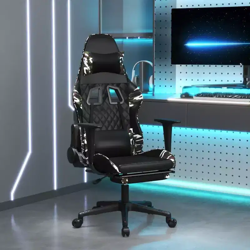Gaming Chair with Footrest, Black and Camouflage, Faux Leather