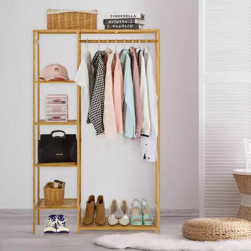 Bamboo Garment Rack with Shelves & Curtain