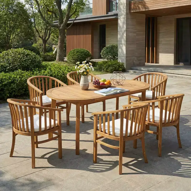 Christopher Knight Home Alain Modern 7 Piece Patio Acacia Dining Set with Oval Slatted Table and Cushions