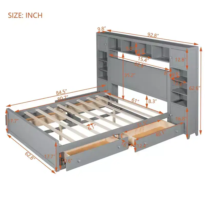 Queen Size Wooden Bed With All-in-One Cabinet Shelf and Sockets Gray