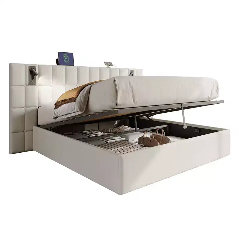 Upholstered Bed Frame with Widened Headboard,Lift-Up Storage Bed and Built-in Light, Velvet