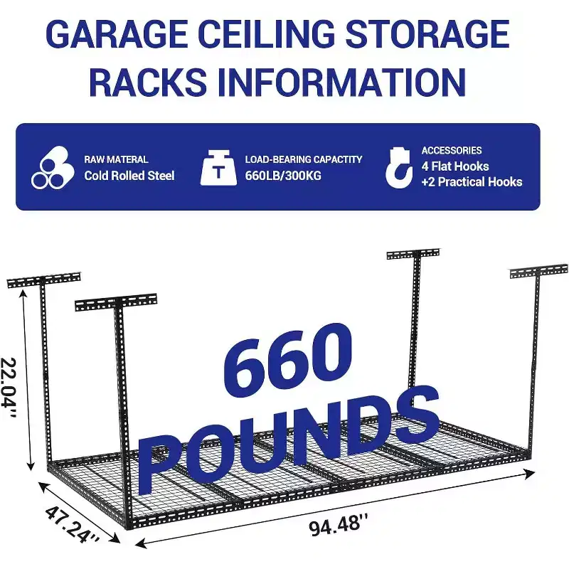 Overhead Garage Storage Height Adjustable Ceiling Metal Rack 660 LBS Capacity
