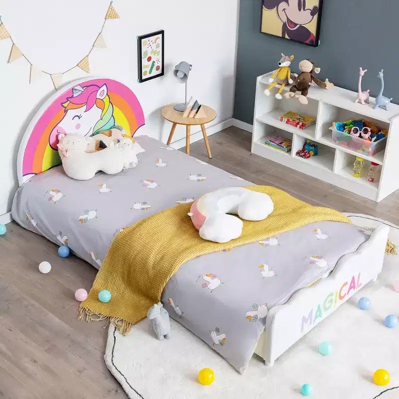 Kids Upholstered Platform Bed Twin Size Unicorn Pattern
