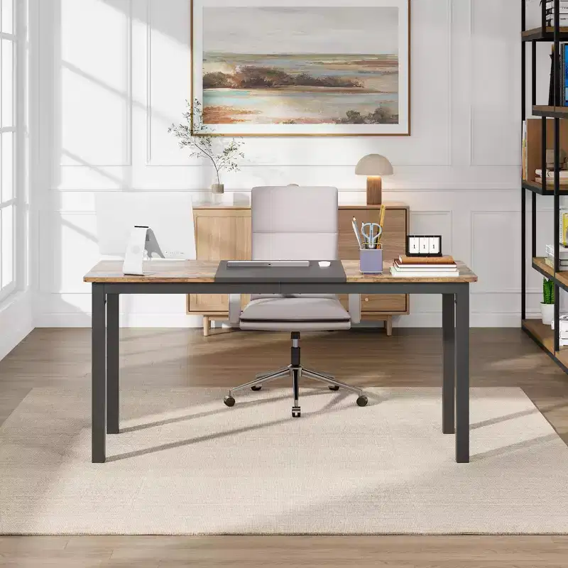 63 Inch Computer Desk, Large Office Desk with Metal Frame, Modern Gaming Desk, Sturdy Writing Workstation for Study, Home Office, Bedroom