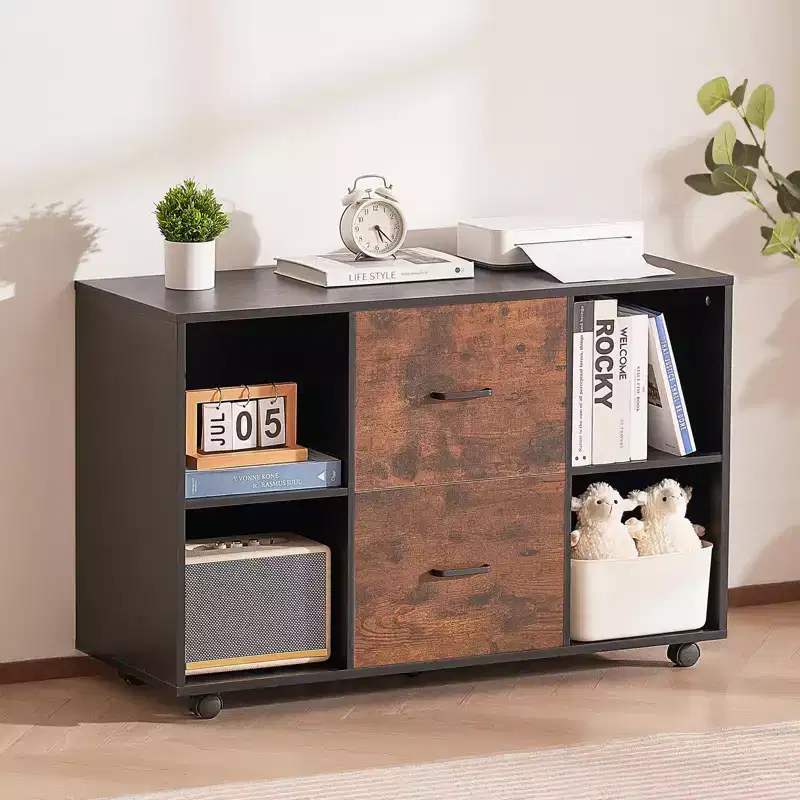 VEVOR 2 Drawer Wooden File Cabinet, Mobile Filing Cabinet with Open Shelves, Lateral Rolling File Storage with Lockable Wheels, Black