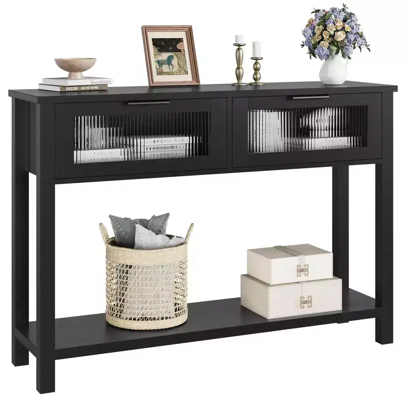Black Console Table with 2 Drawers – MDF Entryway / Sofa Table, 43.3 x 11.8 x 31.4 in